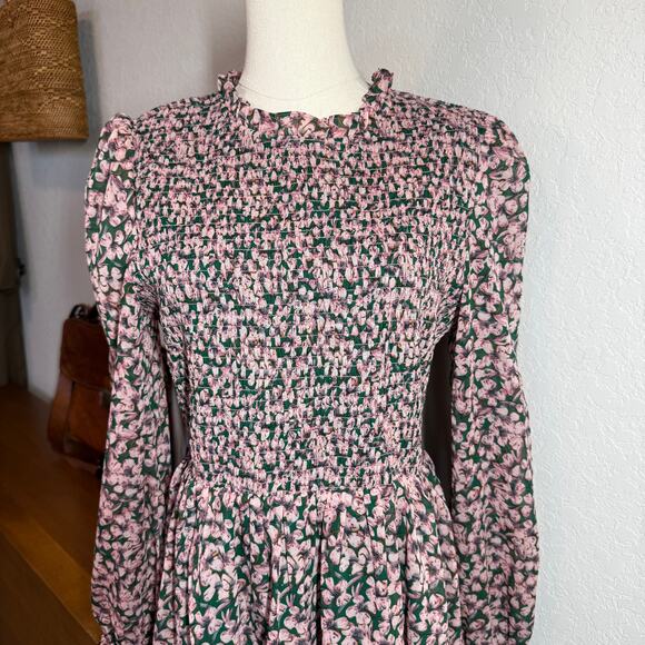 Women's Lulus Pink and Green Floral Smocked Top Long Sleeve Dress Size L NEW - Picture 3 of 8
